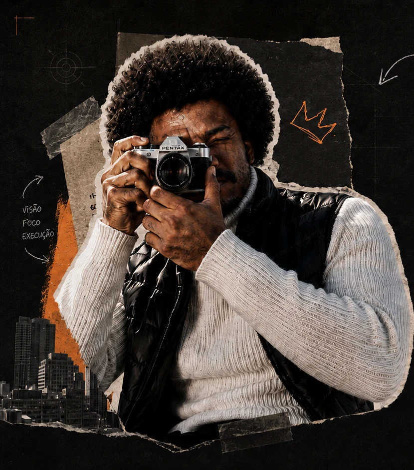 Maykon Douglas fotografando com câmera analógica, colagem com a cidade e as palavras visão, foco e execução